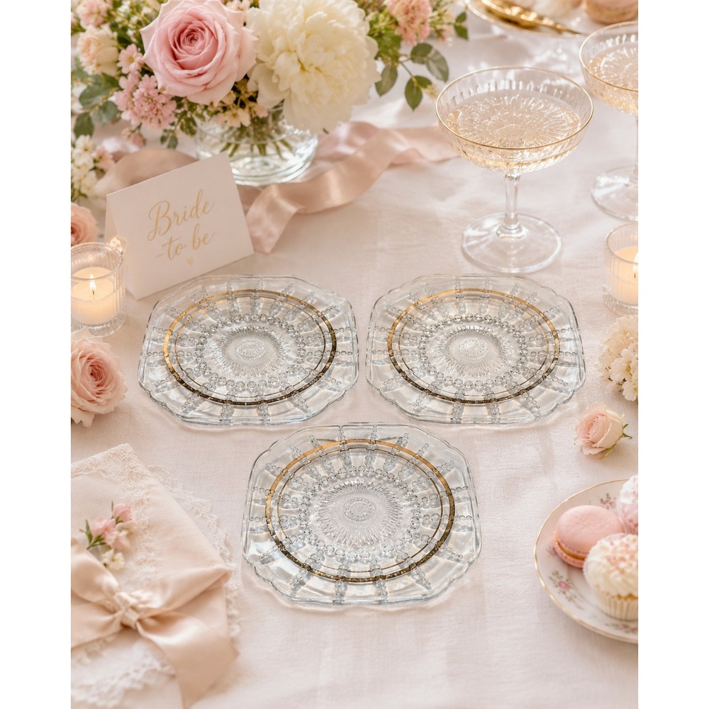 Vintage Clear Glass Square Dessert Plates Set 3 Beaded Gold Trim Scalloped Edges